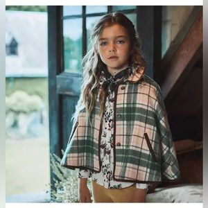 Janie and Jack Plaid Brushed Twill Cape Green/Pink Poncho NWT Size 7 / 8